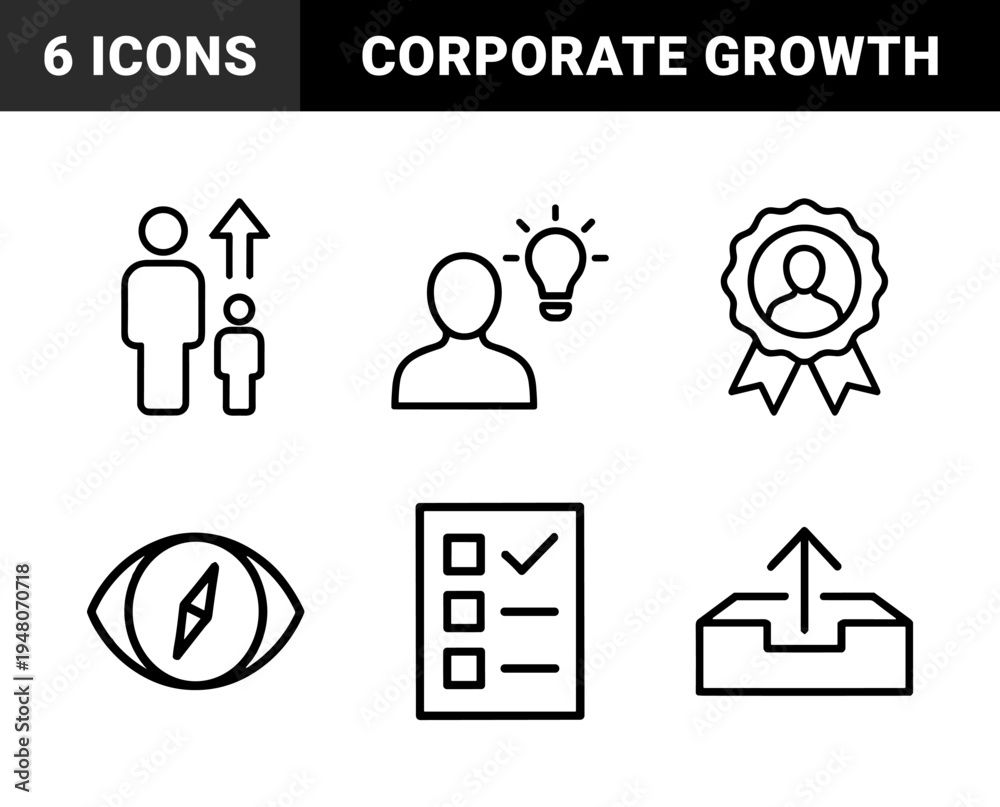 Fototapeta premium Business and personal development line icon set. Vector pictograms of mentoring, idea, achievement, upload, vision, and checklist, thin outline illustration.