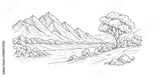 Hand drawn of a mountain landscape with trees and fields nature