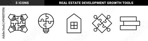 Business cooperation and strategy line icon set. Vector pictograms of puzzle pieces, lightbulb, house, teamwork, and bricks, thin outline illustration.