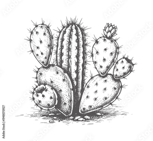 Ink of a prickly pear cactus with a bud botanical