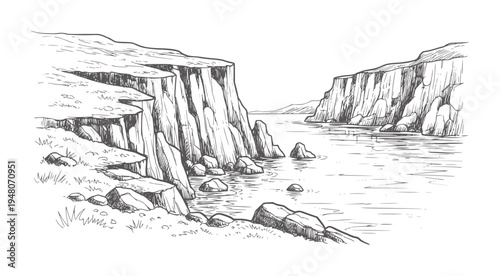 Of a rocky coastline with cliffs and calm water rocks