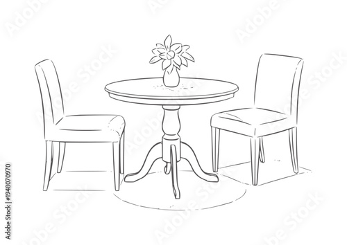 Of a round table with two chairs and a vase of flowers outline
