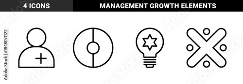 Business management and creativity icon set. Vector pictograms of target, user, lightbulb, and teamwork, thin black outline illustration.