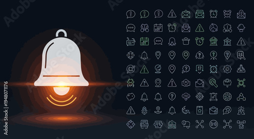 Notification bell icon with various symbols.
