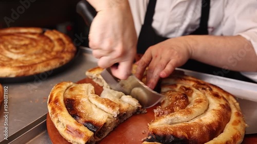 Delicious burek in a Balkan café. A typical Balkan dish. Close-up