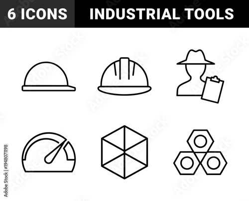 Industrial engineering and construction icon set. Vector pictograms of worker, hardhat, helmet, gauge, nuts, and hexagon, thin outline illustration.