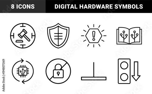 Technology and security line icon set. Vector pictograms of judge gavel, warning alert, shield, microchip, circuit book, unlocked padlock, and level indicator.