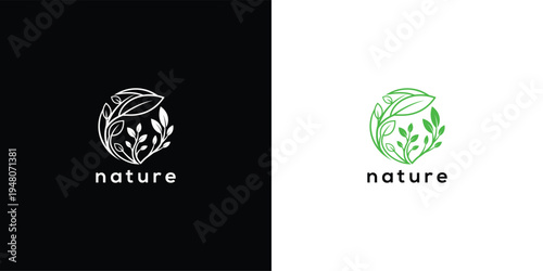 Nature Logo Design with Green Leaves and Organic Branches in Circular Shape - Eco-Friendly Brand Ico.