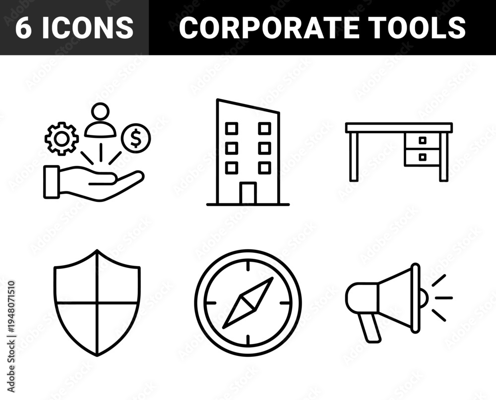 Fototapeta premium Business and management icon set. Vector pictograms of office desk, building, megaphone, shield, compass, wrench, and hand holding resources, thin outline illustration.