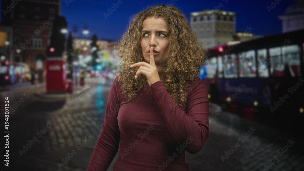 Fototapeta premium Woman with curly hair pressing finger to lips for silence on city street at night, open palm offering; secret hush silence.