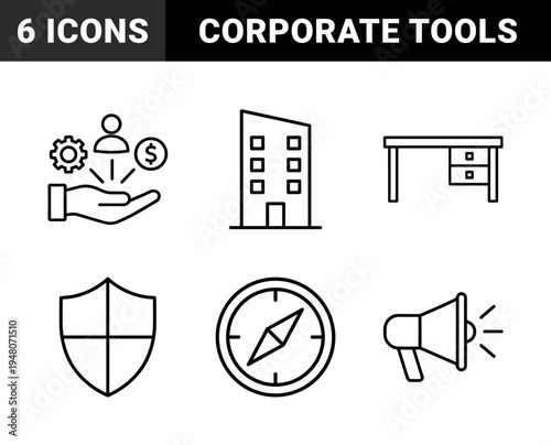 Business and management icon set. Vector pictograms of office desk, building, megaphone, shield, compass, wrench, and hand holding resources, thin outline illustration.
