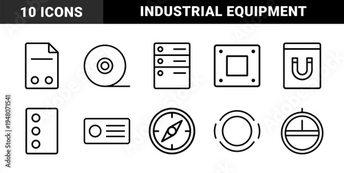 Industrial production line icon set. Vector pictograms of forklift, oil drum, factory, robot arm, hard hat, and shipping containers, black silhouette illustration.