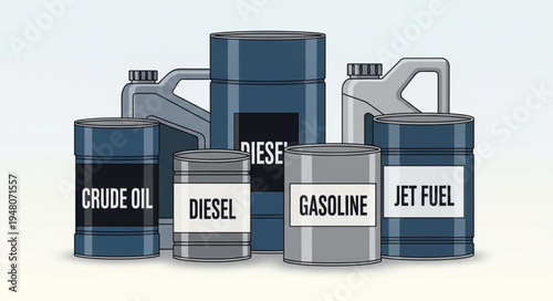 Various Fuel Types in Containers - Crude Oil, Diesel, Gasoline, Jet Fuel.