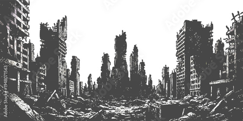 Post-apocalyptic city ruins with destroyed buildings and rubble, black and white vector illustration for war concept