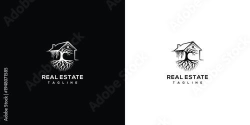 Real Estate Home Tree Roots Logo Design - Property Nature Growth Foundation Symbol.