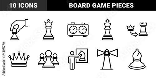 Chess and strategy line icon set. Vector pictograms of king, queen, bishop, rook, pawn, clock, crown, and coach, thin outline illustration.
