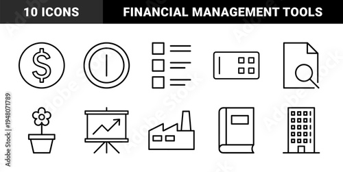 Business and finance line icon set. Vector pictograms of graph, factory, building, dollar coin, plant, document, and clipboard, black outline illustration.