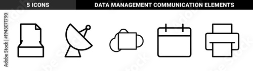 Business and technology line icon set. Vector pictograms of cloud storage, file folder, satellite dish, calendar, and printer, thin outline illustration.