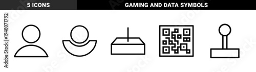 Digital technology and user interface icon set. Vector pictograms of profile, avatar, mail slot, joystick, and digital code, black thin outline illustration.