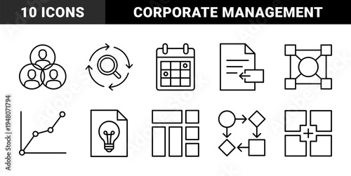 Business management and strategy line icon set. Vector pictograms of calendar, magnifying glass, team, document, lightbulb, chart, and flow chart, thin outline illustration.