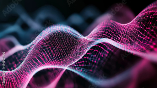 Abstract glowing digital network waves with pink and blue neon lights