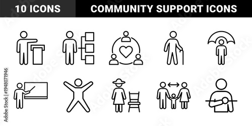 Social welfare and community support icon set. Vector pictograms of elderly care, teaching, family, disability, and charity, thin outline illustration.