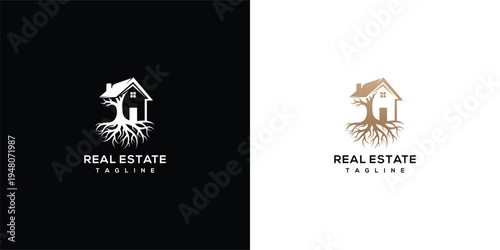 Real Estate Logo with House and Tree Roots Property Investment  Sustainable Home Design.