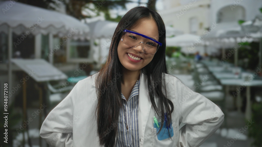 Fototapeta premium Woman smiling in a scientist uniform with safety glasses points at the camera while enjoying an outdoor terrace at a restaurant, blending science and leisure.