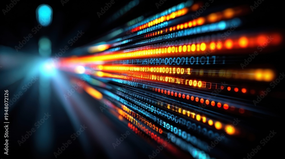 Fototapeta premium Abstract digital data stream with binary code flowing at high speed through a network
