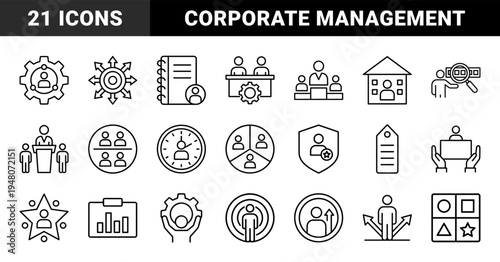Human resources and business management icon set. Vector pictograms of leadership, recruitment, teamwork, career growth, and corporate strategy, thin outline illustration.