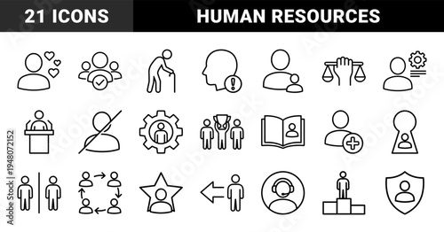 Human resources and business management icon set. Vector pictograms of leadership, recruitment, teamwork, communication, and career growth, thin outline illustration.