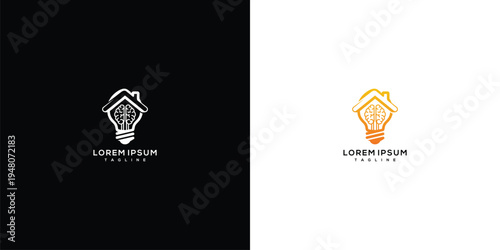 Smart Home Technology Logo House and Light Bulb with Circuit Board Design.