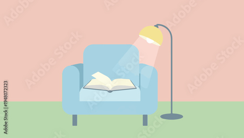 A person reads a book under a lamp beside a chair in a cozy room for education.