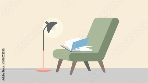 A green chair with books and a lamp for education and reading at home indoors.