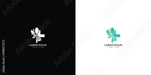 Natural Health Food Medical Cross Logo Design Herbal Wellness Icon with Leaf and Spoon.
