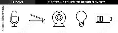 Technology and hardware line icon set. Vector pictograms of document scanner, webcam, microphone, battery, and lightbulb, thin outline illustration.