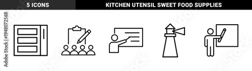 Bakery and pastry icon set. Vector pictograms of bread, croissant, cupcake, rolling pin, whisk, chef hat, donuts, and wheat, black silhouette illustration.