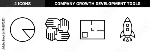 Business and startup line icon set. Vector pictograms of pie chart, teamwork hands, rocket ship, and floor plan blueprint, thin outline illustration.