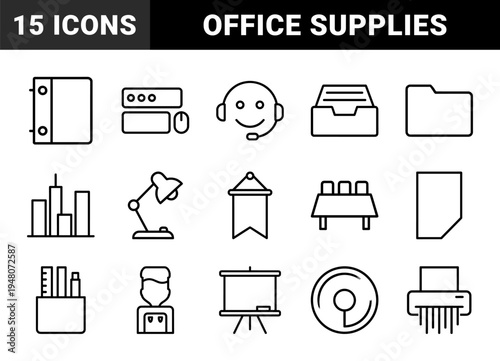 Office and corporate business line icon set. Vector pictograms of folder, lamp, skyscraper, printer, desk, and supplies, thin black outline illustration.