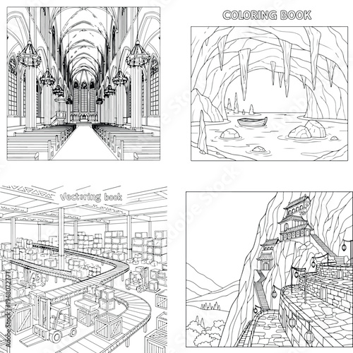 Coloring book page of a grand cathedral interior with black and white with place of worship