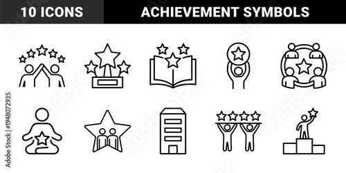 Business achievement and recognition icon set. Vector pictograms of trophy, award, star, podium, team, meditation, and building, black outline illustration.