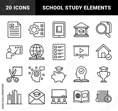 Education and learning icon set. Vector pictograms of book, trophy, graduation cap, chalkboard, magnifying glass, and piggy bank, thin outline illustration.