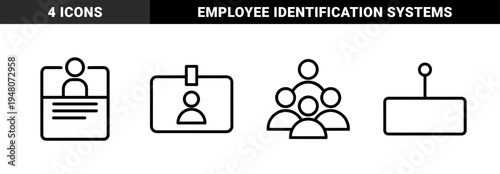 Business identification icon set. Vector pictograms of id card, employee badge, team hierarchy, and name tag, black line illustration.