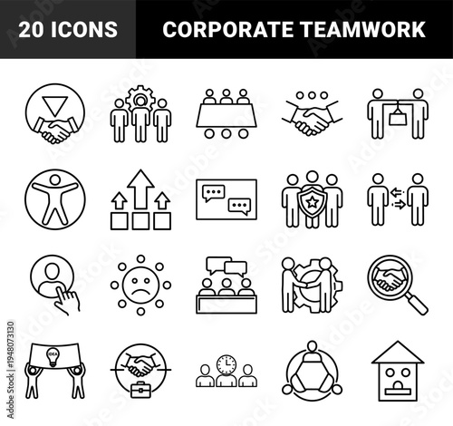 Business management and teamwork icon set. Vector pictograms of handshake, meeting, strategy, leadership, communication and recruitment, thin line illustration.