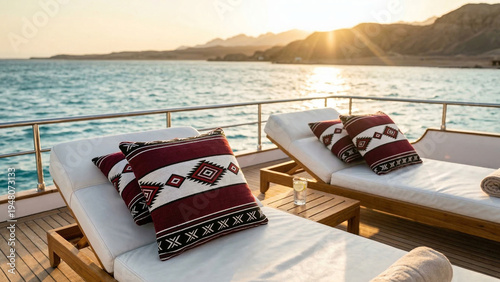 Yacht sunbeds with sadu patterned cushions at sea sunset
