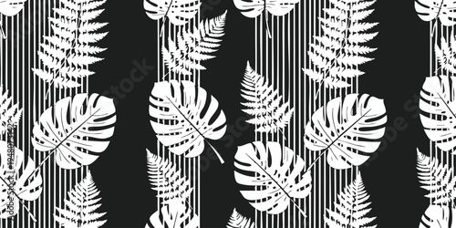 Seamless pattern with tropical monstera leaves and fern silhouettes on a black background with vertical lines vector illustration