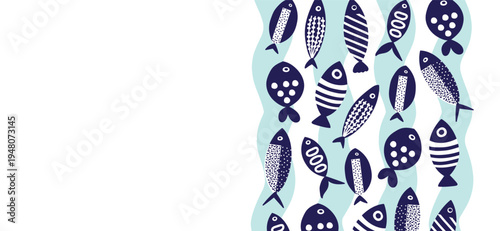 Sardines. Vector sea poster. Undersea. Wave.
