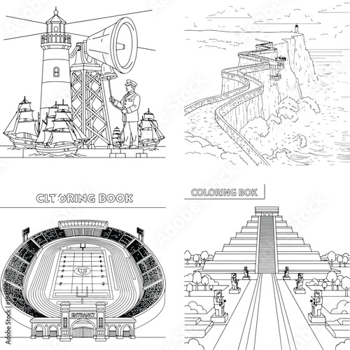 Coloring book page of ancient pyramid complex with statues with black and white with step pyramid