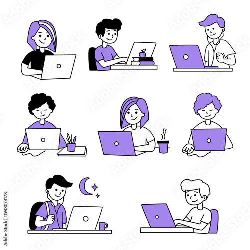 young people working on laptops, remote work and online learning set. Remote work, online learning, digital professions, freelancing, studying and modern technology lifestyle. Hand drawn doodle style 