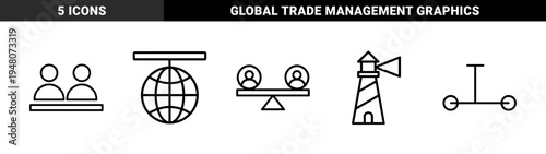 Business and logistics line icon set. Vector pictograms of a globe, balance scale, team, transport scooter, and lighthouse, thin outline illustration.